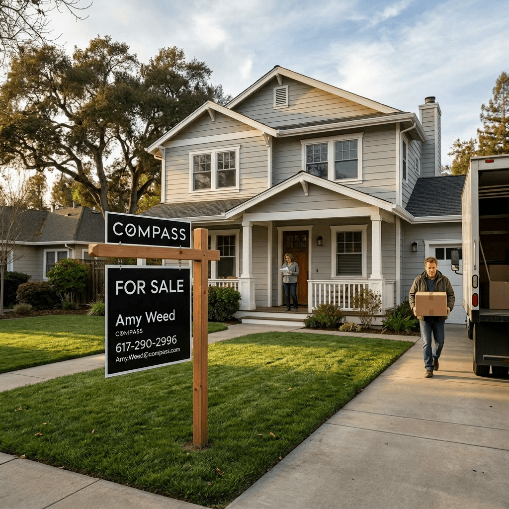 Two people moving boxes into a suburban two-story house with a for sale sign out front