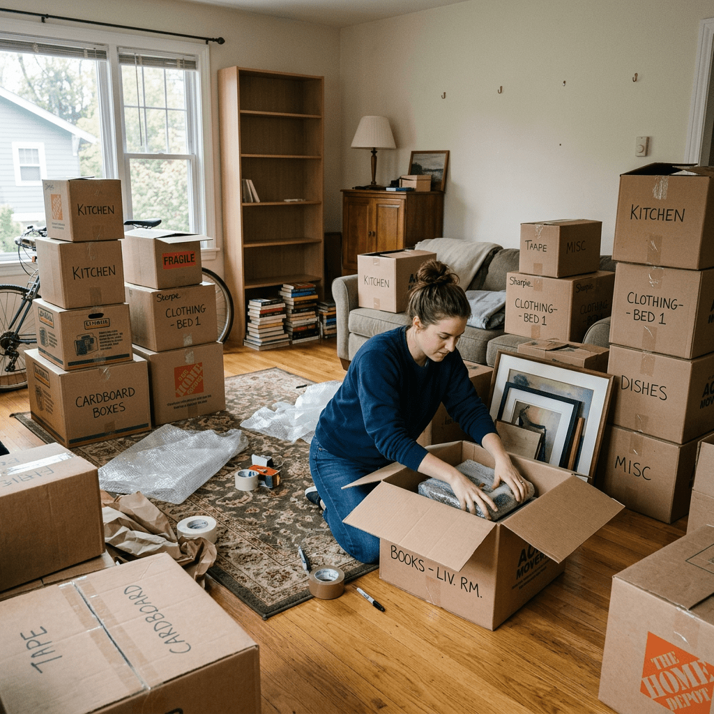 Woman packing fragile items into a labeled moving box surrounded by stacked boxes